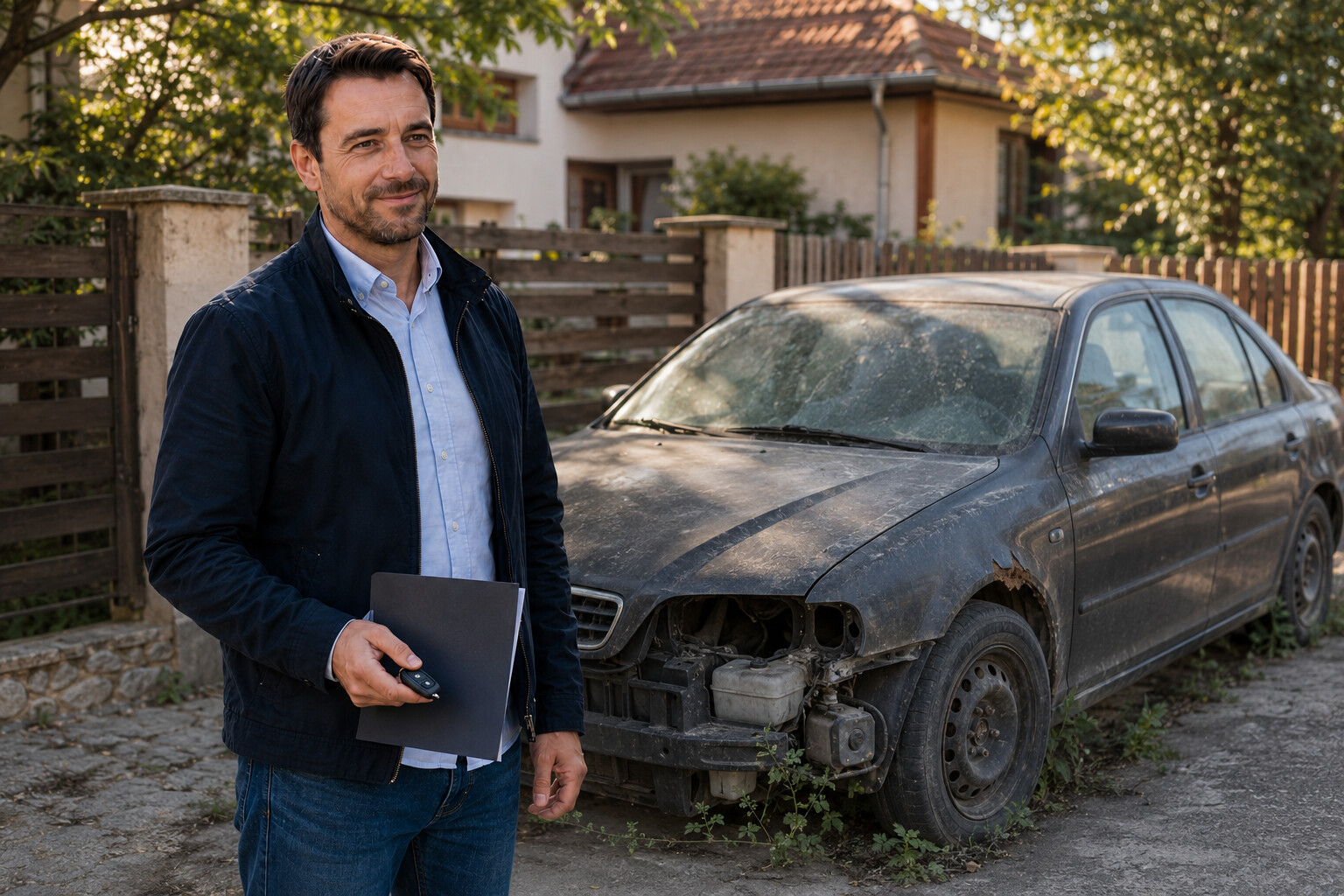 Az AUTÓVÉTEL munkatársa egy régóta álló, hiányos roncsautó mellett